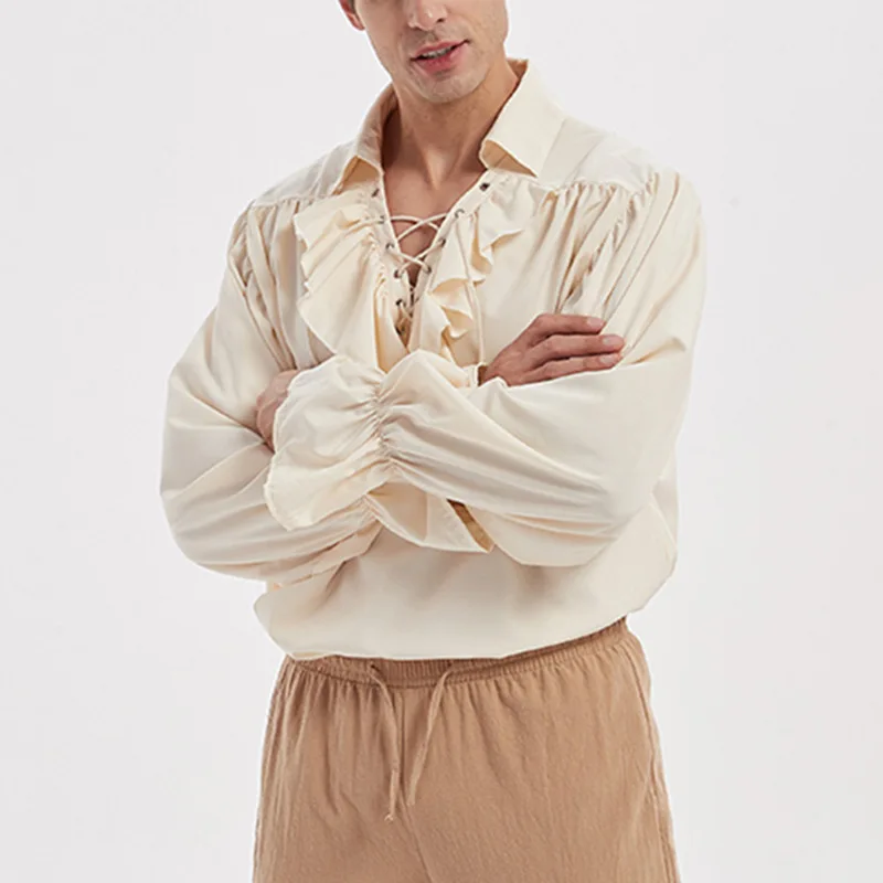 

Medieval Renaissance Loose Fit irt with Tie Long Sve Puffy Sves Collared for Role Play Stand Cut Men's Faion