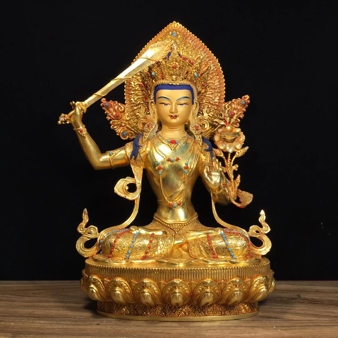 Pure copper gilded inlaid with multiple treasures, Nepal exquisite craftsmanship with backlit Manjusri Bodhisattva Buddha statue