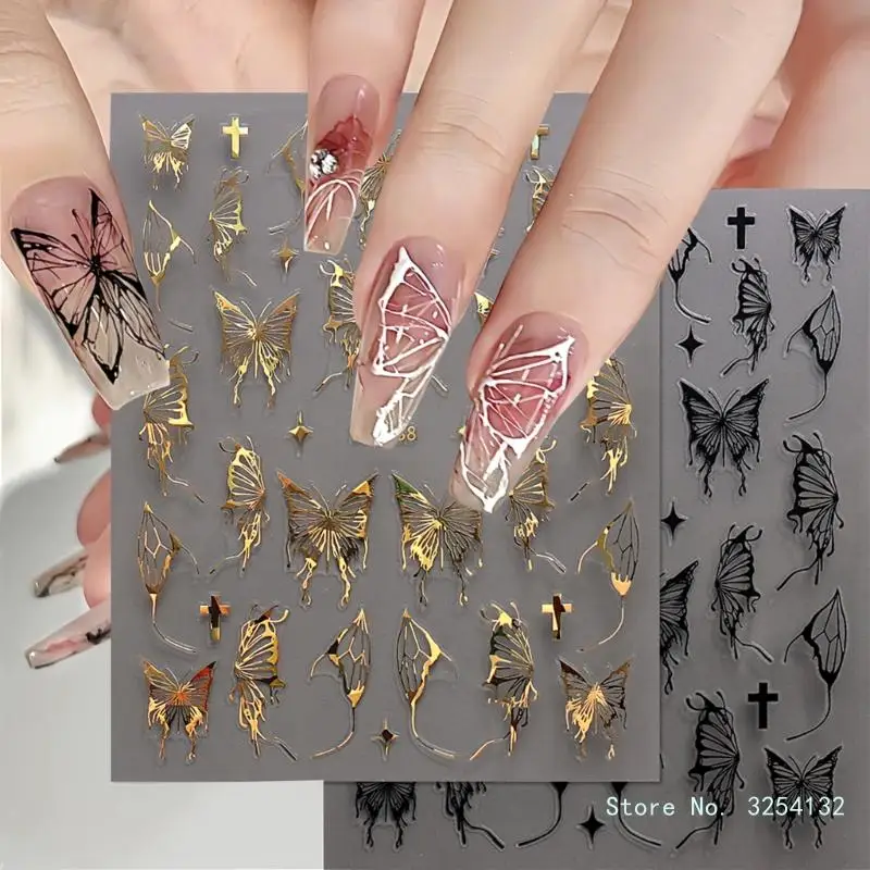 3d borboleta adesivos para manicure, 6 folhas, decalques adesivos, em relevo, dourado, glitter, verão, diy