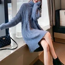 Fashion Turtleneck Loose Asymmetrical Mini Dress Women's Clothing 2023 Winter Oversized Korean Solid Color Casual Dresses