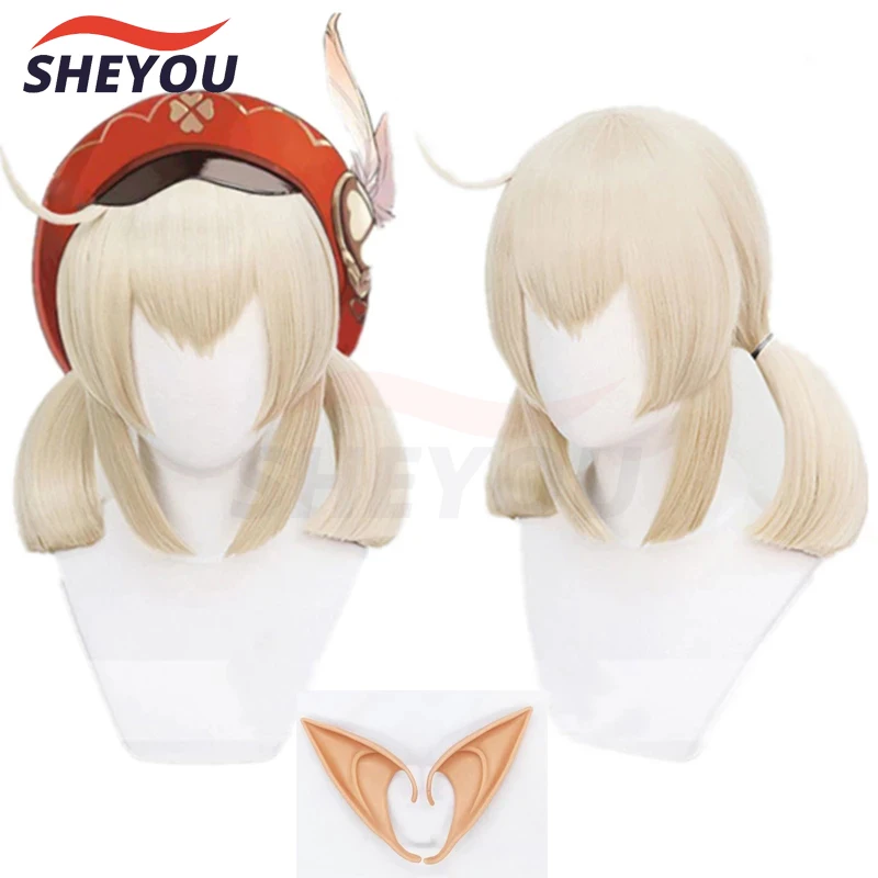 

Game Impact Klee Cosplay Wigs Ponytails Beige Medium Wig Heat Resistant Synthetic Hair Halloween + Free ears