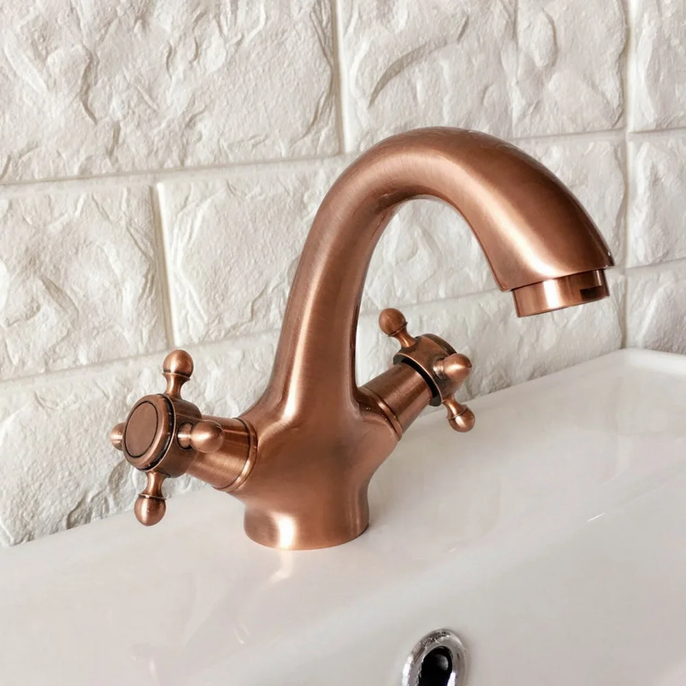 

Antique Red Copper Dual Cross Handles Bathroom Vessel Sink Tap Single Hole Deck Mounted Hot & Cold Water Mixer Tap tnf390