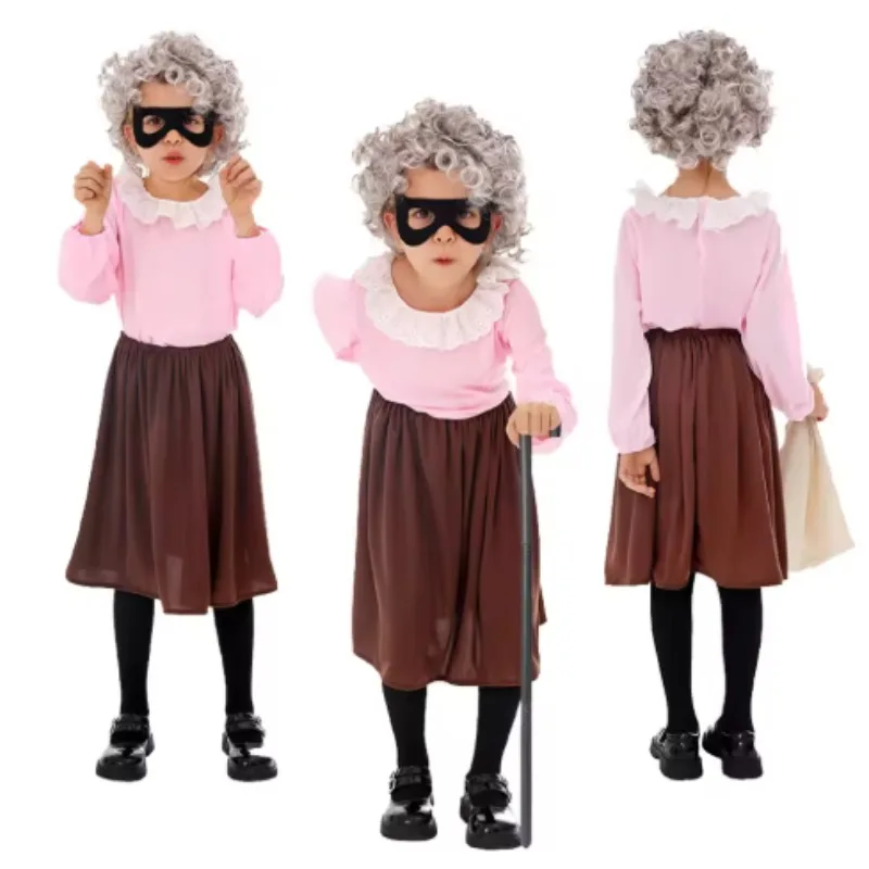 

Kids 100 Days Of School Costume Children Gangsta Granny Cosplay School Stage Performance Pink Shirt Dress Girls Full Set Wig