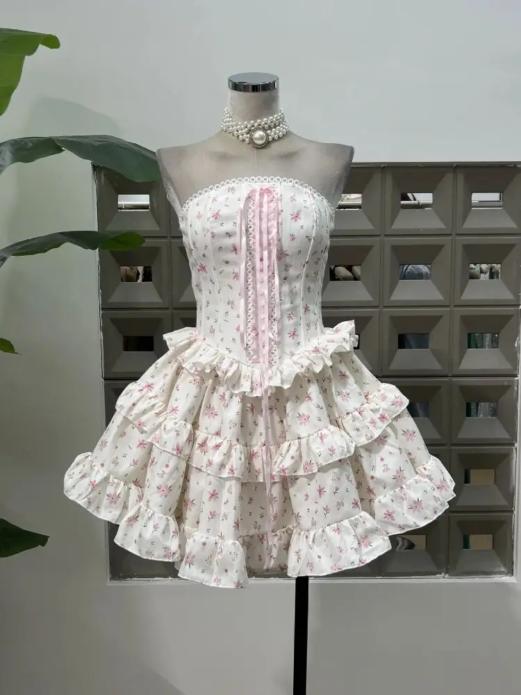 2025 New Popular Printed Lace Chiffon Sexy Strapless Party Mini Dress Backless Gowns Women's Birthday Sets Two Pieces Outfit
