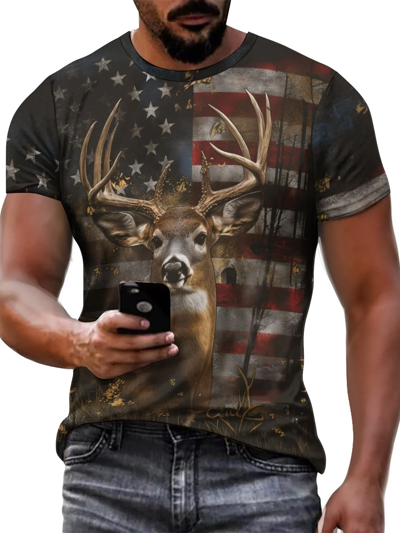 

2024 New Men's 3D Graffiti Sika Deer Pattern T-shirt, Casual Cool Micro Elastic Breathable T-shirt, Summer Outdoor Men's Wear