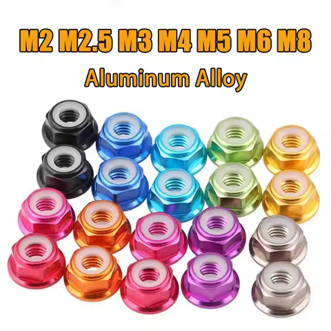10pcs M2 M2.5 M3 M4 M5 M6 M8 Colorful Aluminum Alloy Flange Nut Nylon Insert Lock Nut Self-locking Nut Anti-looseNut CW for RC