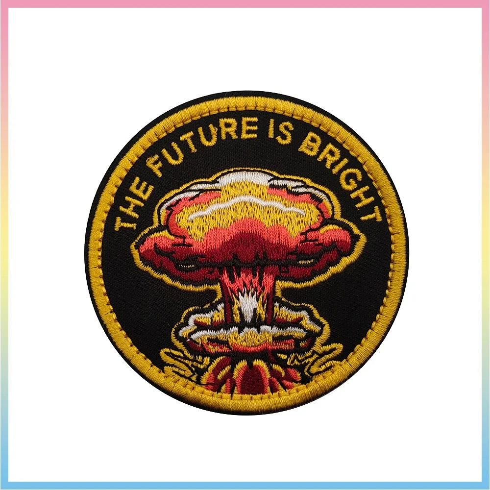 Mushroom cloud The Future Is Bright Black Yellow Embroidery Tactical Circle Fabric Patch For Tactical Overcoat Army Applique