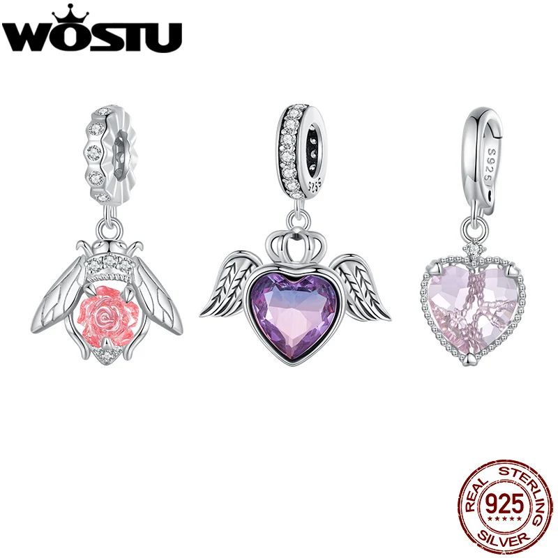 WOSTU 925 Sterling Silver Change Color Roseflower Charms Rainbow Mystic Heart Pendants Pink Beads Fit DIY Bracelet Necklace Gift