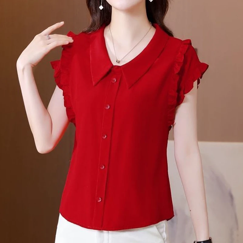 Elegant Fashion Solid Ruffles Button Shirt Summer 2024 New Peter Pan Collar Short Sleeve Slim Pullovers Blouse Women\'s Clothing