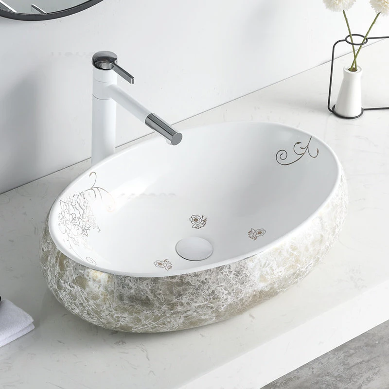 

Light Luxury Countertop Sink European Bathroom Sinks Oval Household Ceramic Bathroom Washbasins Balcony Small Single Basin Sink