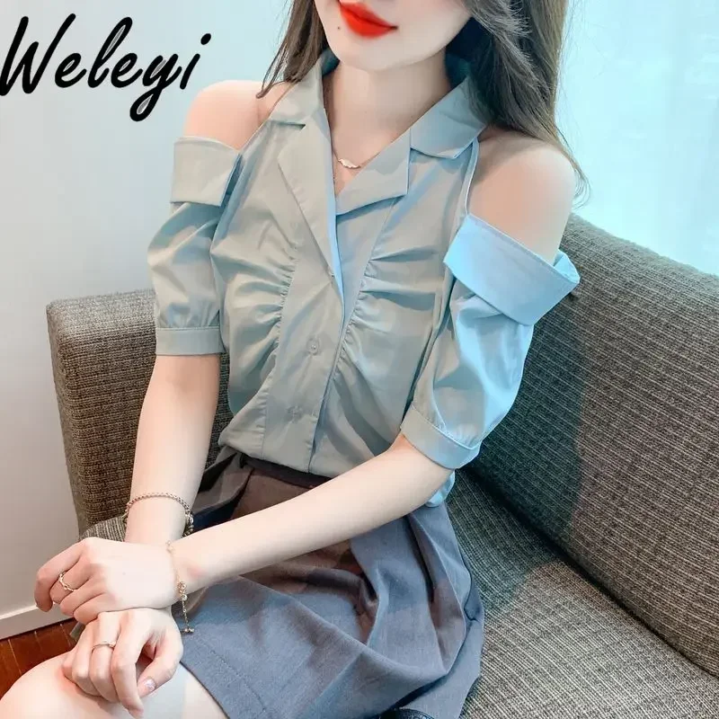 

Women's Korean Style Shirt Fashionable All Match Poleras Sweet Turn Down Collar Off Shoulder Short Sleeved Tops New Summer 2024