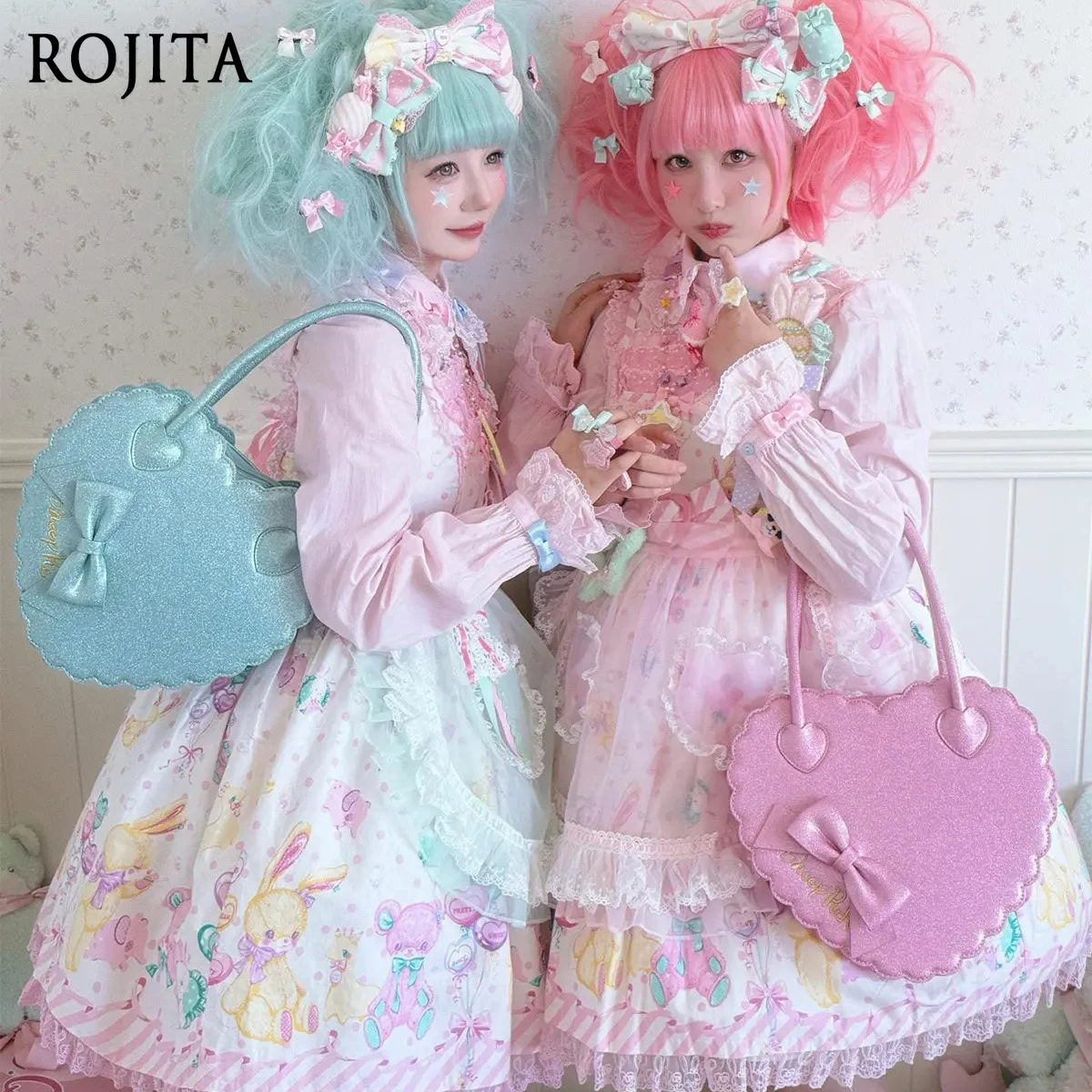 

Sweet Lolita Glitter Heart Shape Handbag Spring New Kawaii Bow Accent Shiny Tote Bag for Women Elegant Glitter Heart Handbag