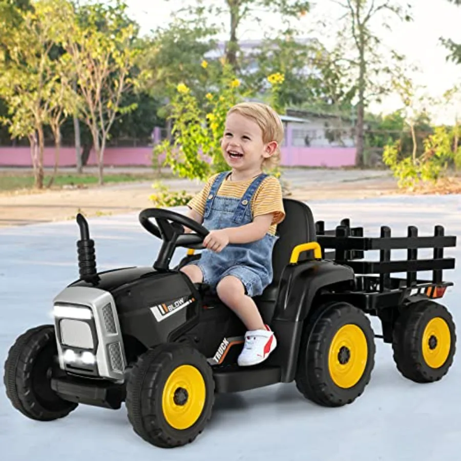 Ride On Tractor with Trailer 12V Electric Vehicle for 3-Gear-Shift Ground Loader LED Lights Horn Music Battery Powered Ride On