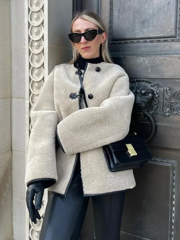 BWQ Women's Faux Wool Warm Loose Jacket Coat Round Neck Single Breasted Double Pocket Casual Overcoat Winter Female Chic Coat 5
