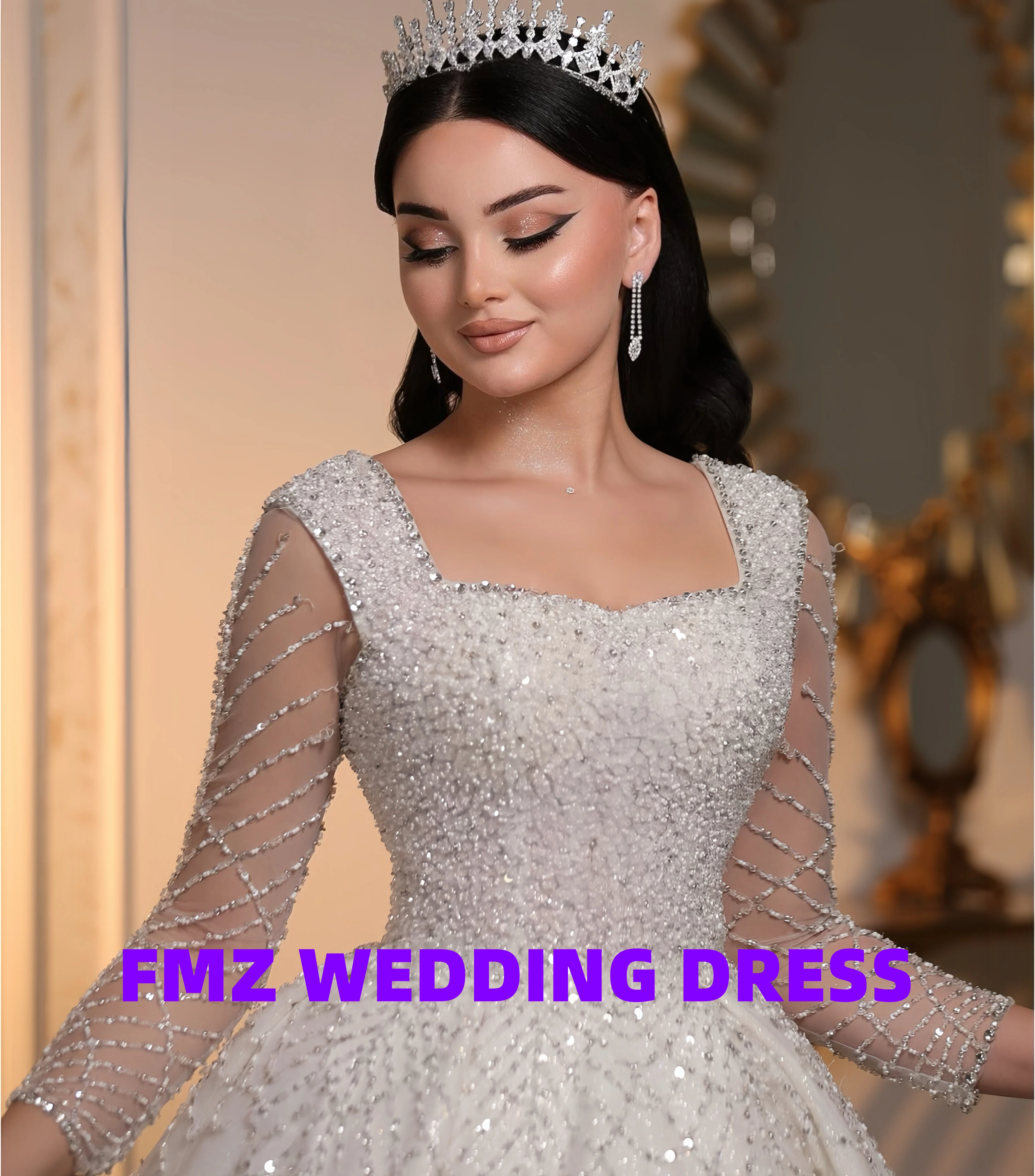 Aangepaste prachtige trouwjurk vierkante kraag lange mouwen kralen baljurk robe de mariee trouwjurk vestidos de novia