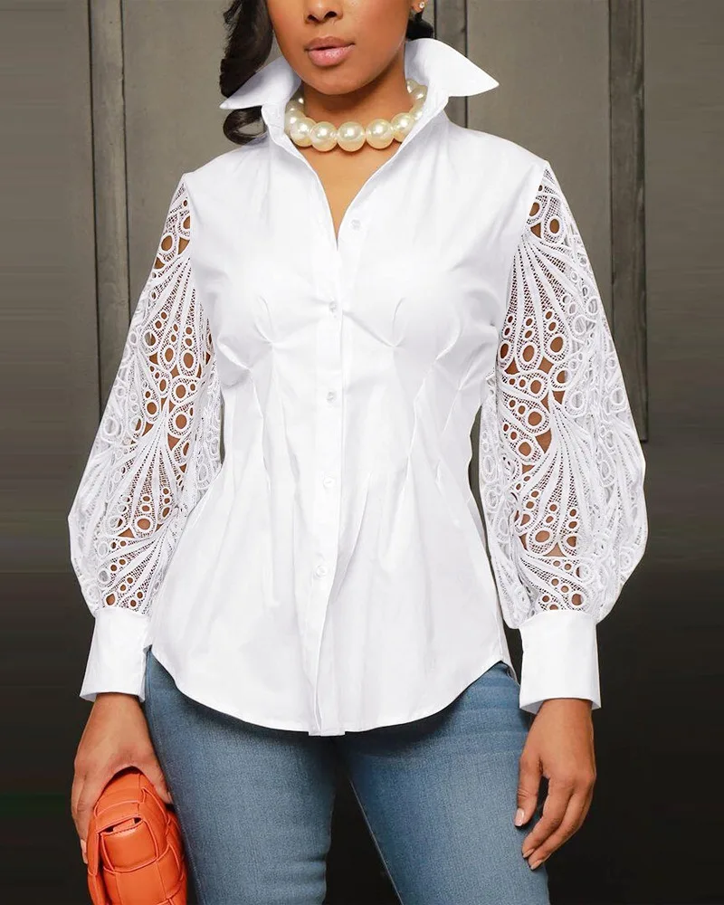 2024 Spring White Blouse Women Lantern Sleeve Eyelet Embroidery Top Sexy Lace Hollow Out Vintage Button Up Shirts Lady Tops