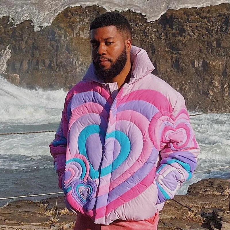 

Ins Spliced Color Heart aped down Jaet Men's Women's Outerwear Heavy Crtsmanip Fluffy Padded Coat Youth Faion