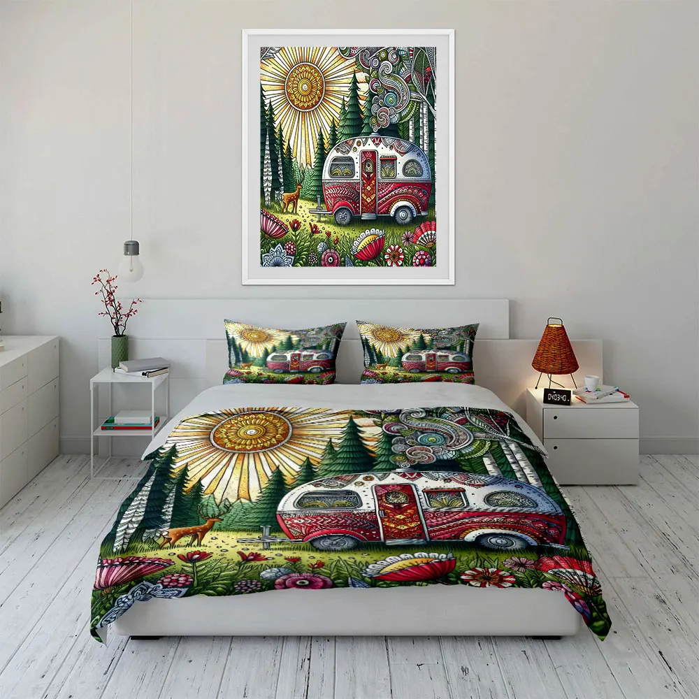 

"Boho Nature Forest Camping Set" Bedding Set with 1 Duvet Cover 2 Pillowcases Single Double King Queen, Gift