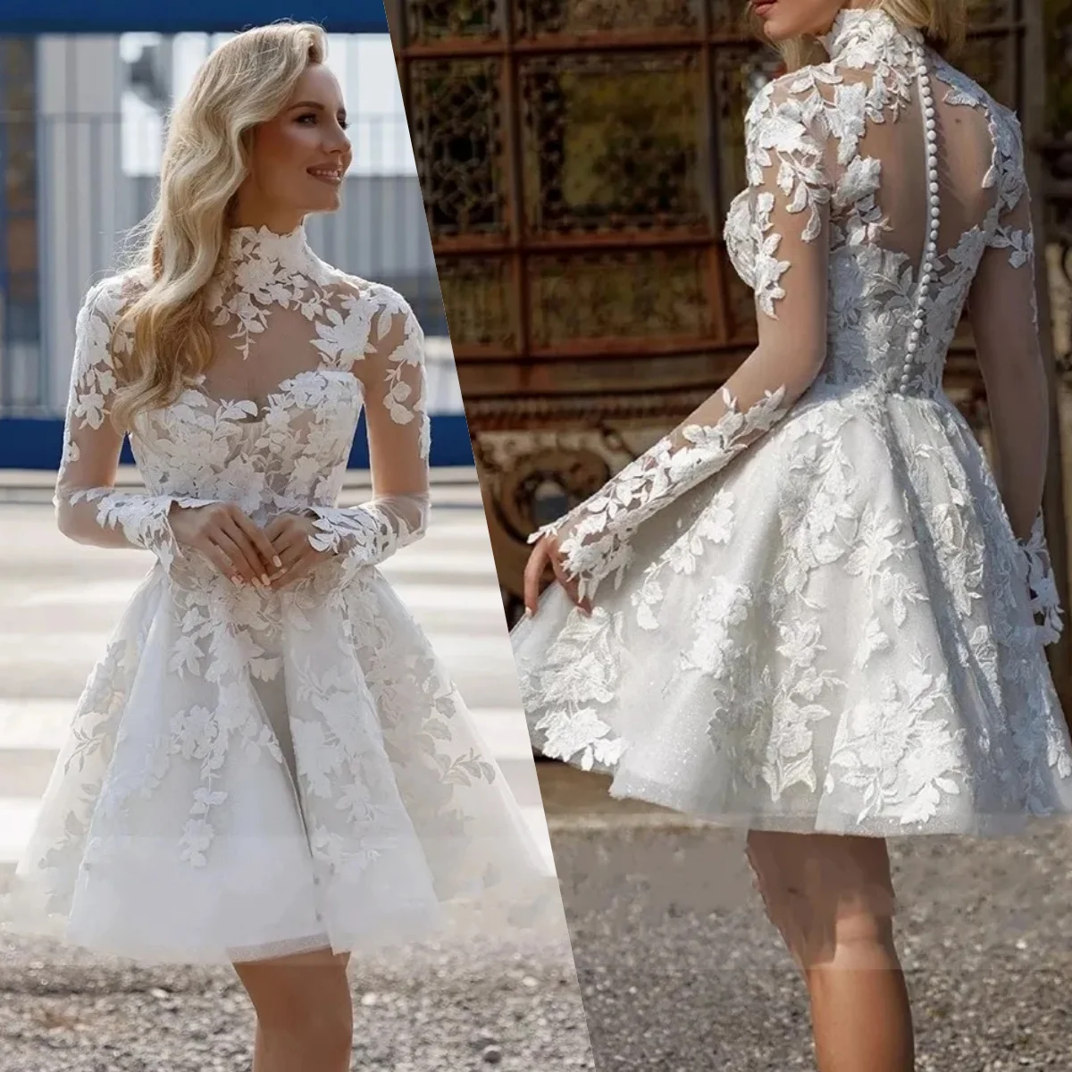 

Customize Charming Short Lace Appliques Wedding Dress Illusion High Neck Long Sleeves A-Line Knee-Length Bridal Civil Gowns