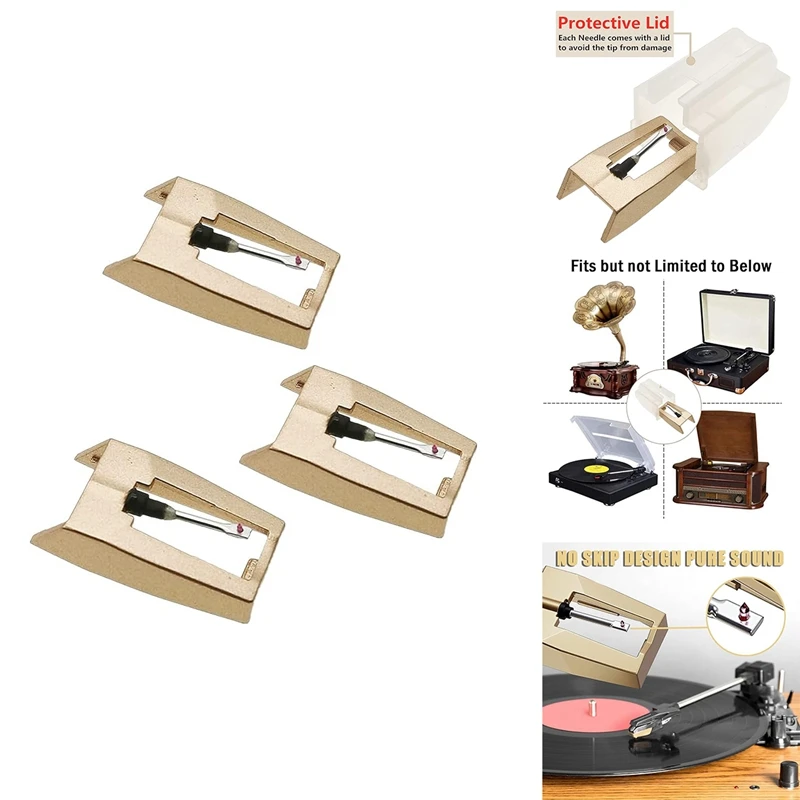 3 قطع من إبرة مشغل التسجيلات، إبر سجل ذهبية مطورة بديلة لـ Crosley، Victrola، Jensen Turntable متينة