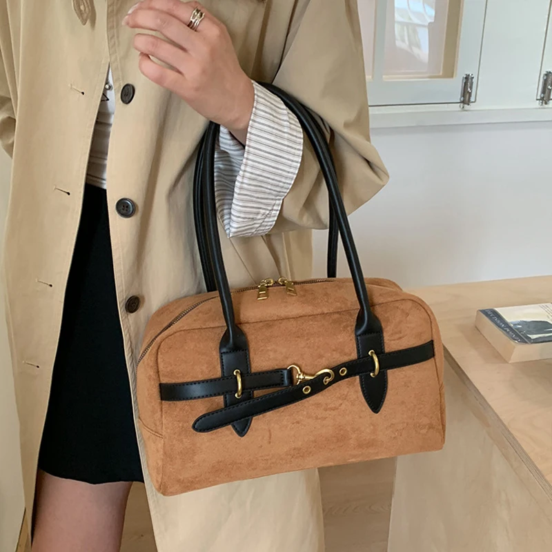 

Замшевая сумка в стиле ретро для женщин, винтажная сумка-подушка Boston, большая вместительная ручная сумка на плечо, осенне-зимняя пригородная сумка