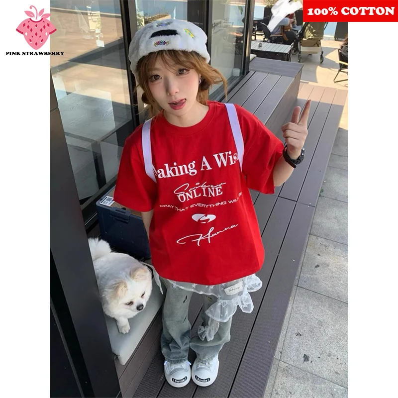 

American style dopamine Red T-shirt Women Summer 2025 New 100% Cotton Letter Print Couple T-shirt Casual Y2k Top Female clothing