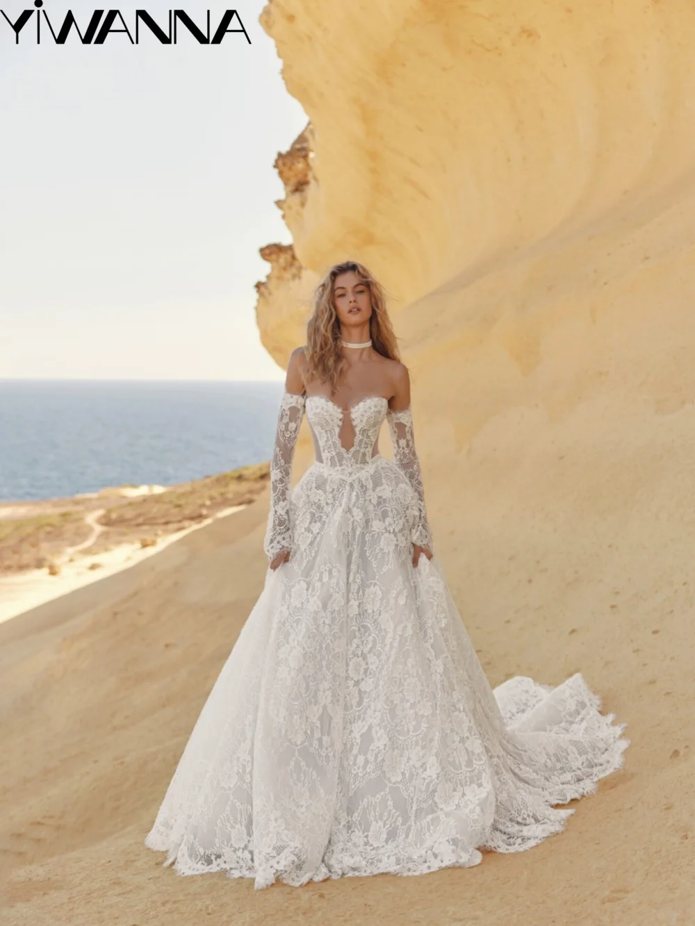 

A-line Dazzling Beaded Lace Wedding Dress Detachable Sleeve Backless Bridal Gown Customized Elegant Long Dresses For Bride