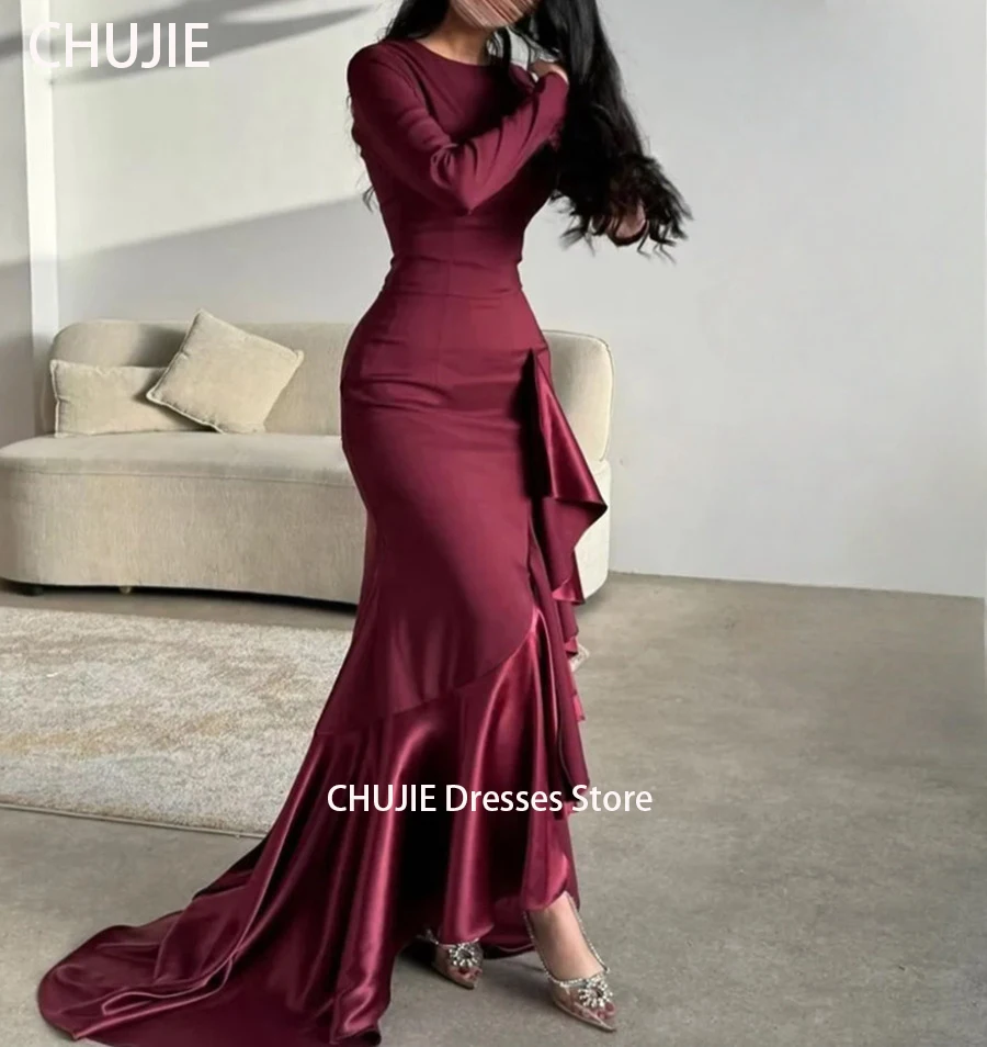 Robes de soirée personnalisées bordeaux à manches longues pour femme robe de mariée modeste plissée sirène dubaï arabie saoudite فستان 