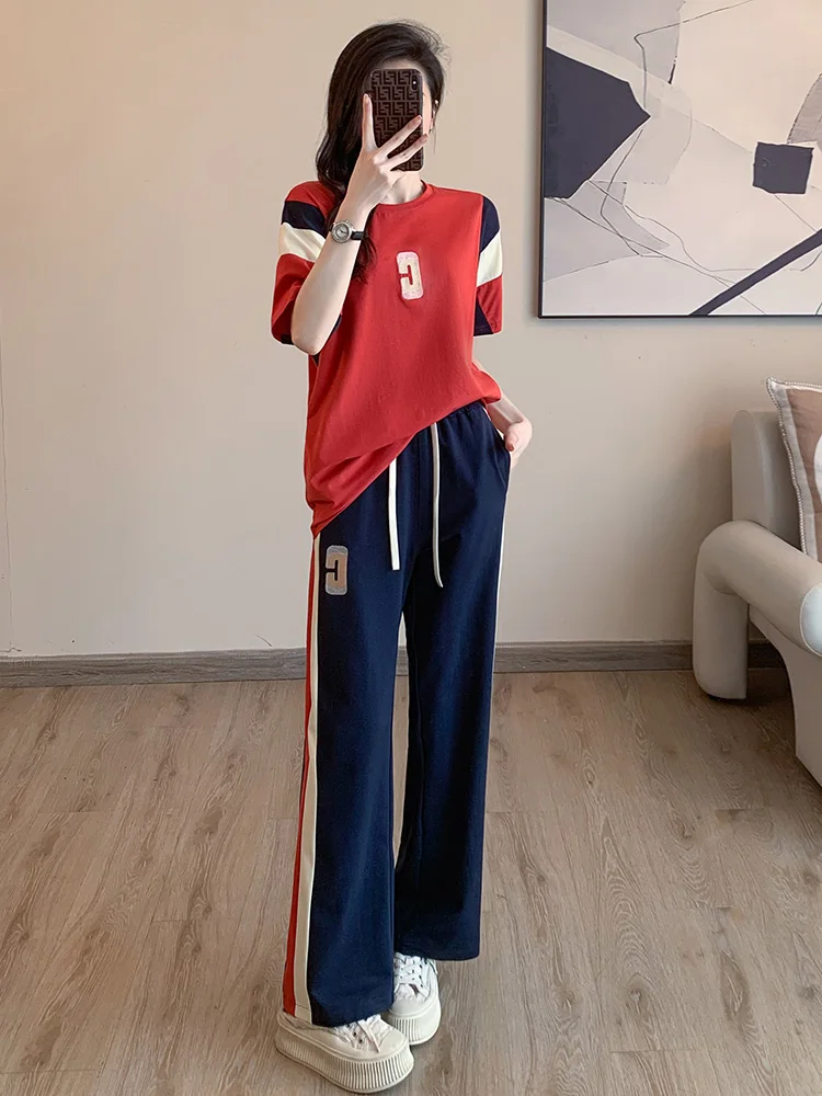 Korean Cotton Casual Sports Suit Women 2023 Summer O Neck Contrast Short Sleeved T Shirt+Wide Leg Trousers Two Piece Set Female