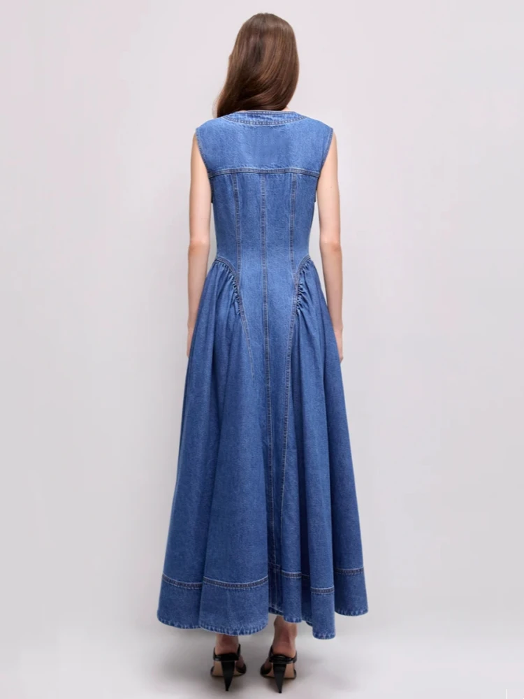 Sexy O Neck Single Buttons Denim Loose Long Dress Women Sleeveless Patchwork Folds A-line Dresses Evening Party Gowns