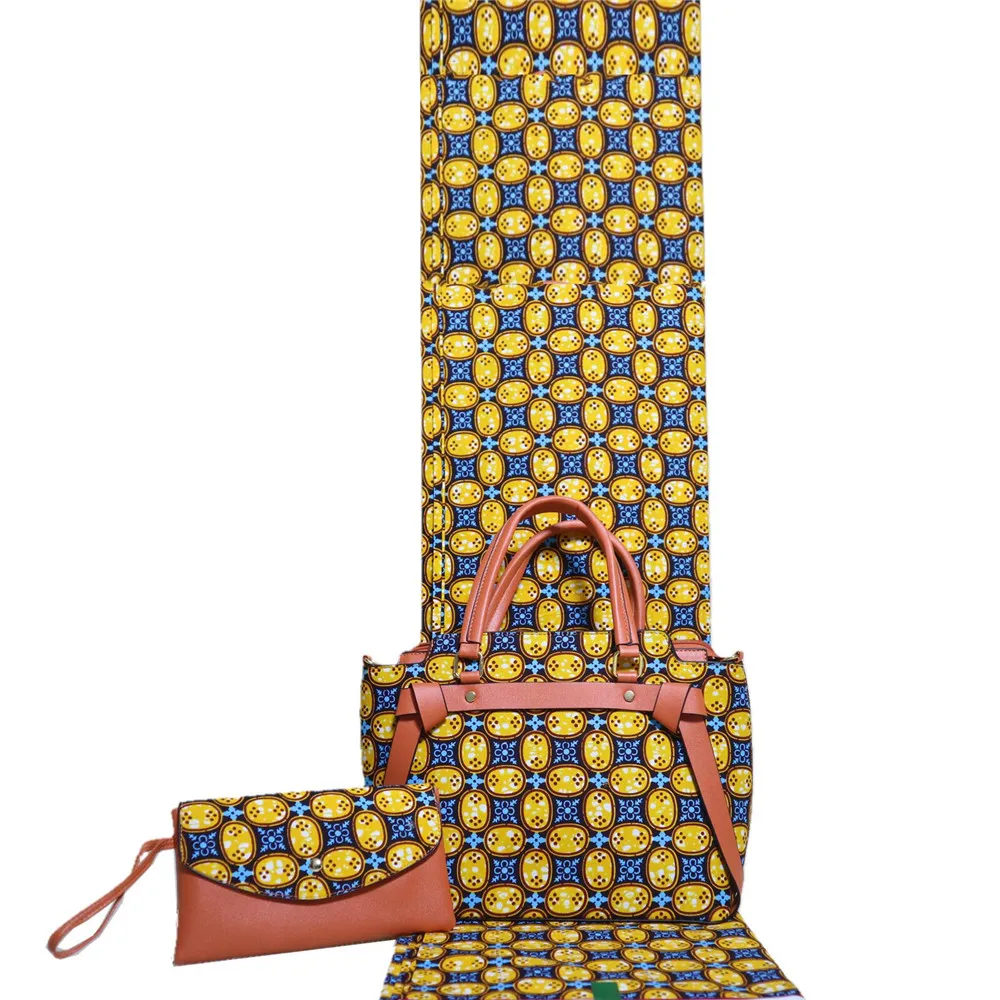 African Designe Cotton Wax Handbag And 6Yards Fabric Set To Match Newest Fashion Real Wax  Bag And Wax Fabric For Party