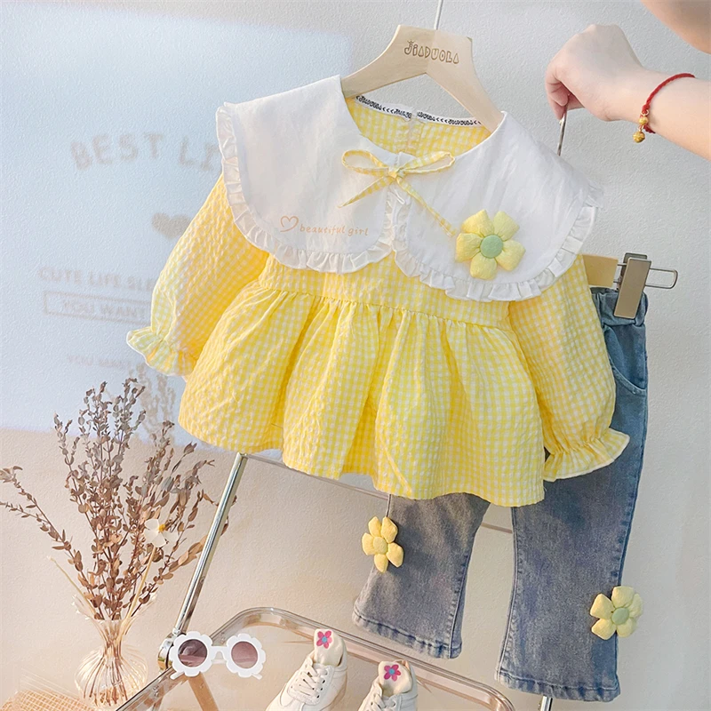 Baby Girls Clothing Sets 2022 Autumn Kids Outfits Toddler Infant Lace Floral Tops Jeans 2 Pcs Suit Children Princess Clothes