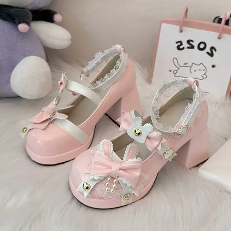 Piattaforma di moda Mary Janes Scarpe da donna Dolce Lolita Fiocco Tacchi alti Stile preppy Studente Carino Cinturino alla caviglia in pizzo Décolleté Tacones