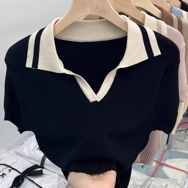 Women\'s 2024 Summer New Pullover POLO Collar Patchwork Screw Thread Fashion Solid Color Elegant Casual Knitted Short Sleeved Top