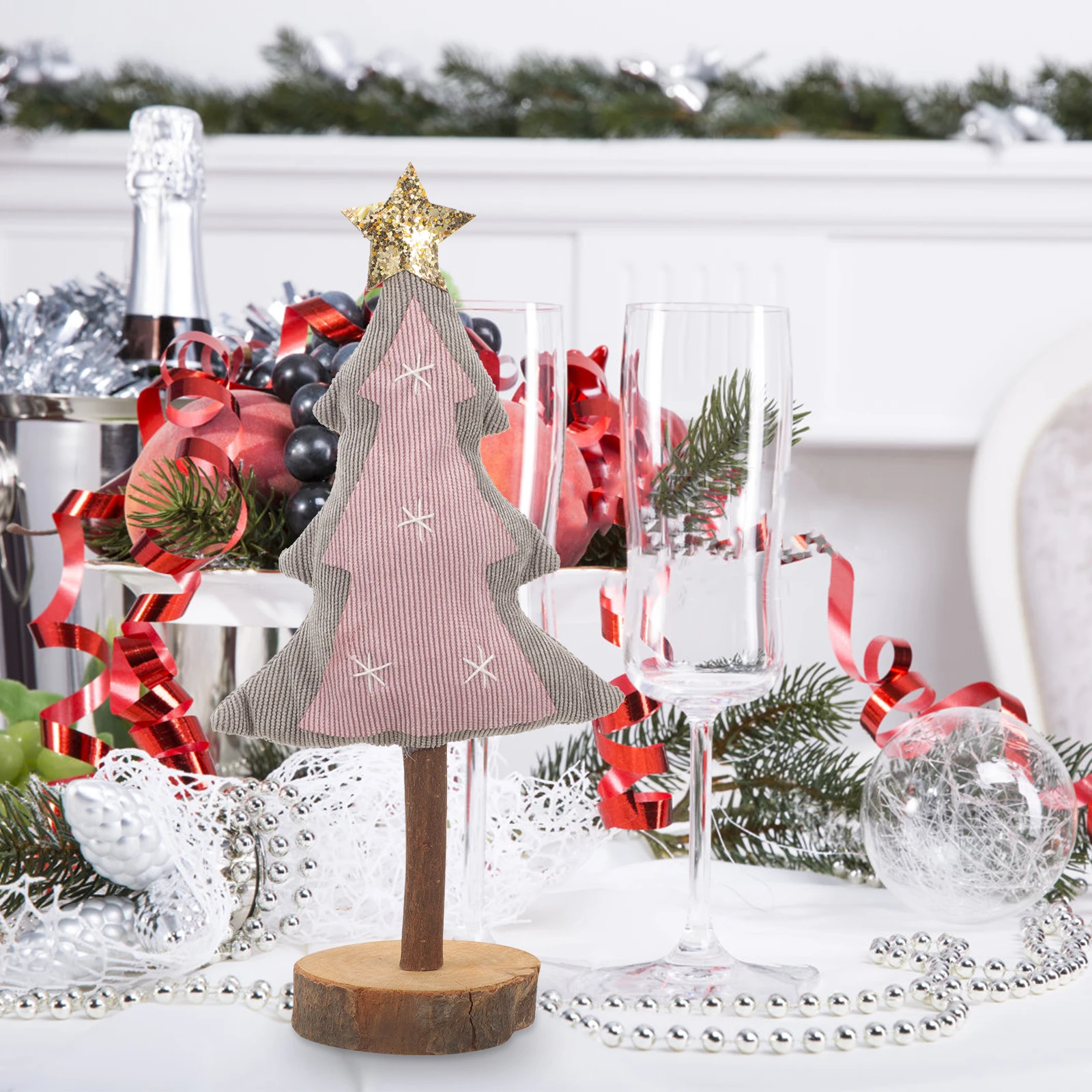 

Cloth Christmas Tree Decorations Wooden Base Rustic Tabletop Xmas Centerpieces Home Office Party Supplies Desktop Tree Mini