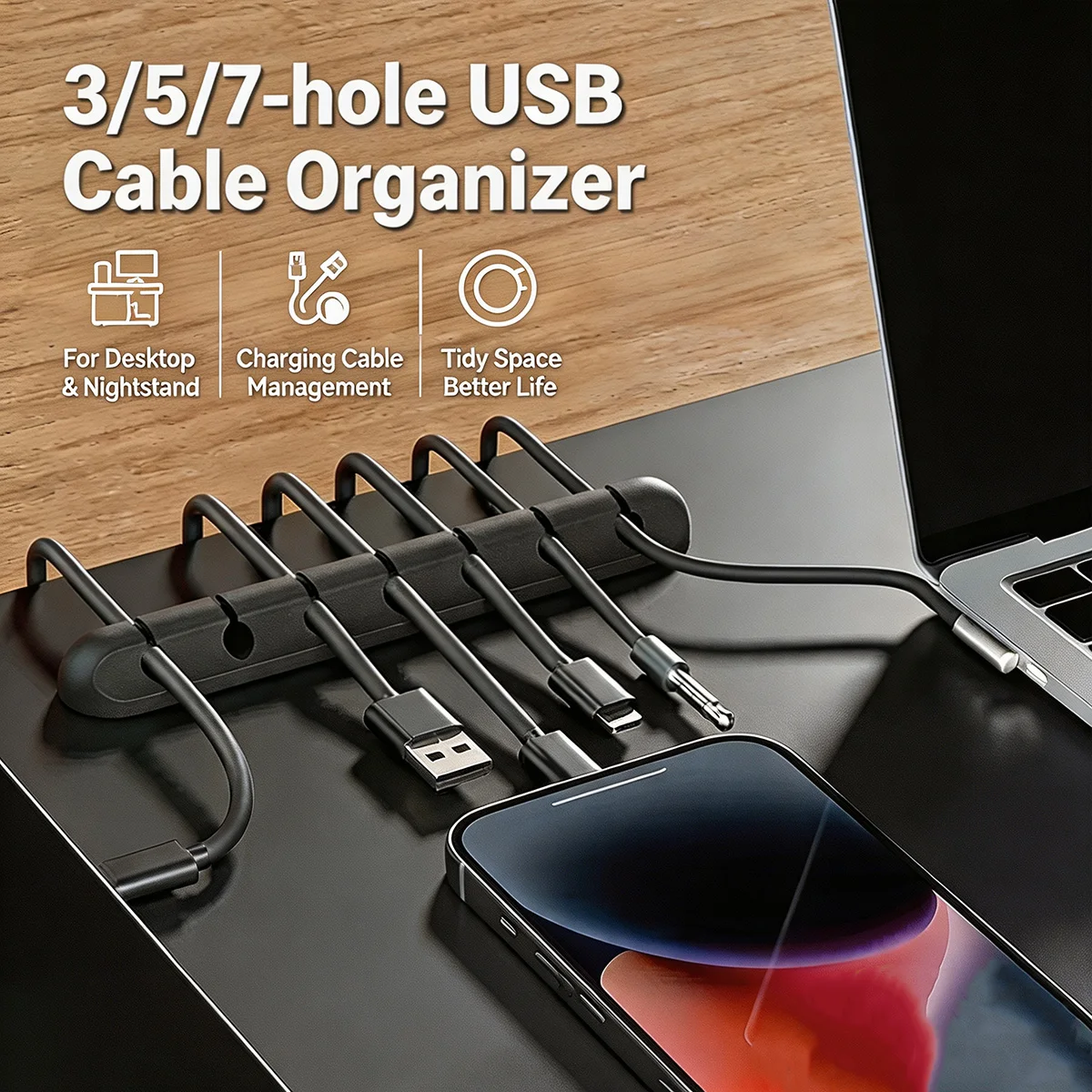 Silicone Self Adhesive Cable Organizer 3 5 7 Holes Desktop Wire Management Clips for Charging Cable Mouse Nightstand Wire Tidy