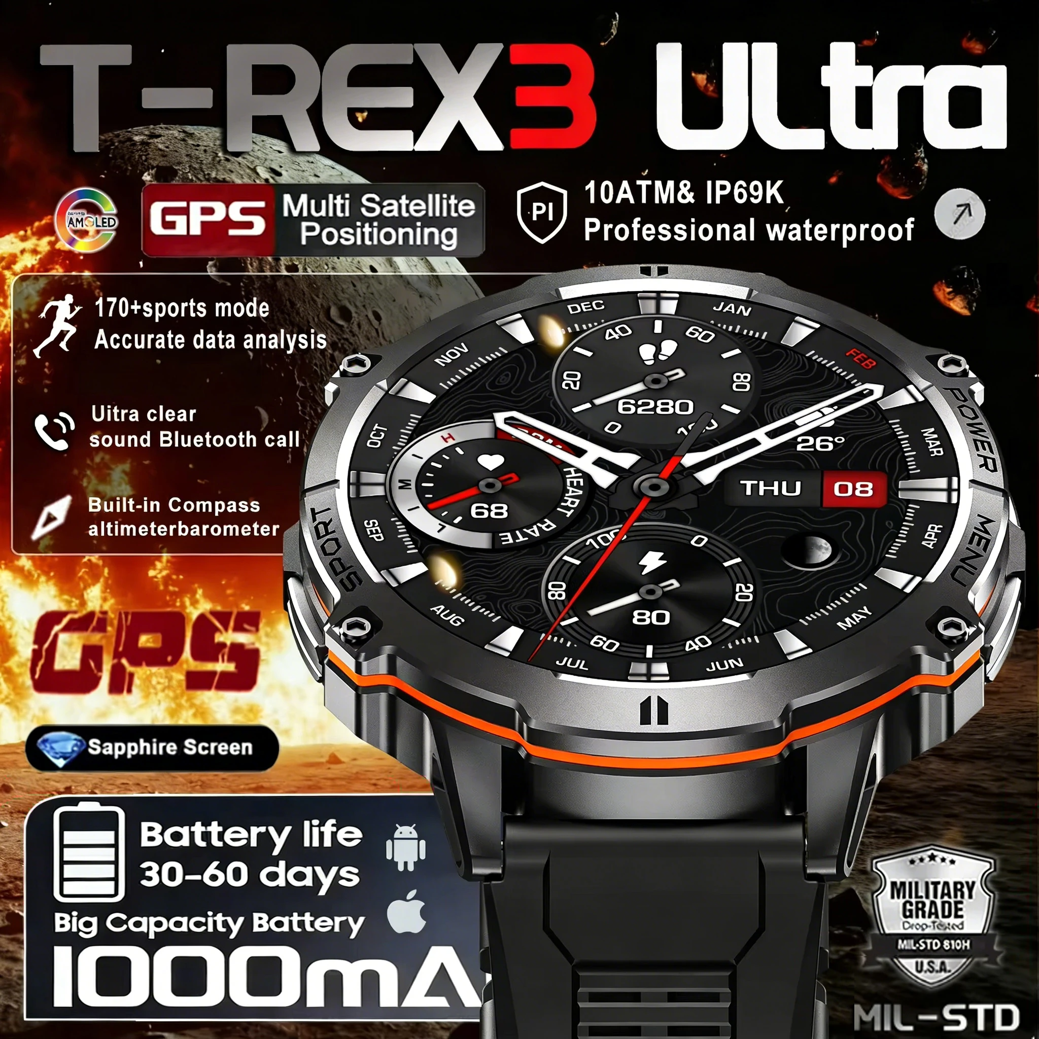 Nouvelle montre connectée sportive TANK X3 Pro 2026 avec GPS, grande batterie 1000 mAh, altimètre, baromètre, boussole, étanche IP68 pour hommes