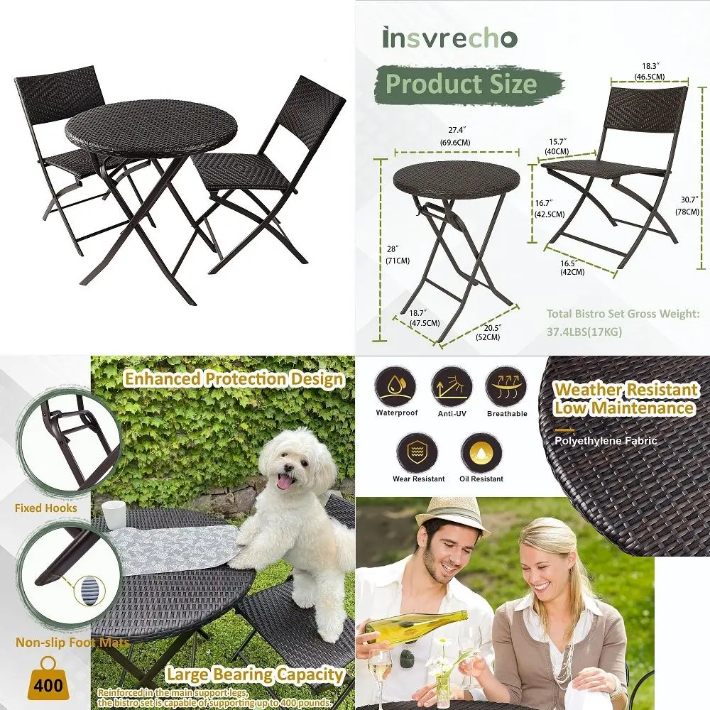 

Pieces Folding Bistro Set PE Wicker Rattan Outdoor Patio Furniture Sets with Foldable Round Table and Chairs Perfect for Cafe B