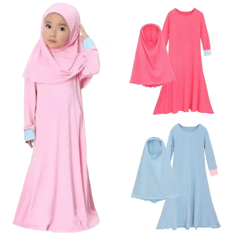 

Muslim Girls Prayer Dress for Child Islamic Burka Kaftan Abaya Ramadan Robe Arab Middle East Clothes 2pcs/set Sleeve Cuffed