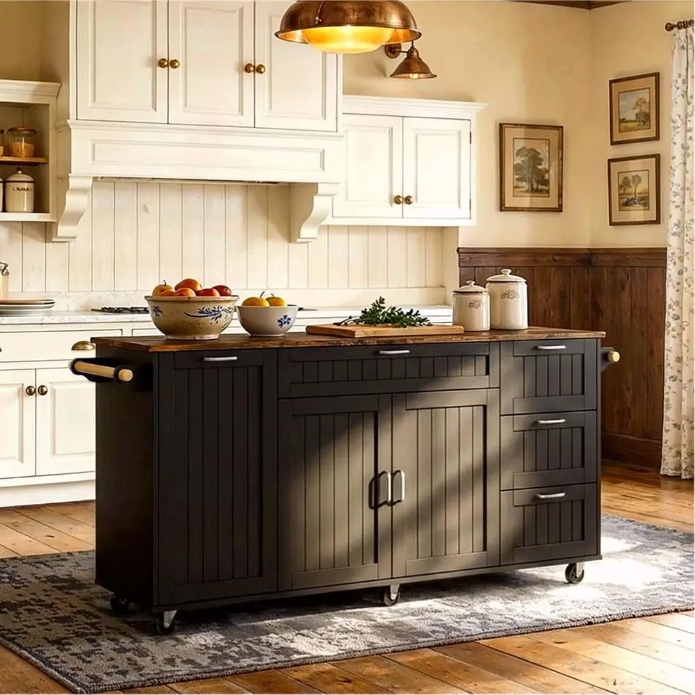 

Mobile Kitchen Cart with Trash Bin, Drop Leaf, 4 Drawers, Adjustable Shelf, Towel Bar, Rustic Brown Top, Black, 63W x 23.6D x 33