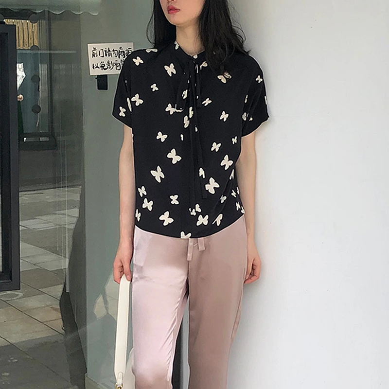 

Silk T-irt Women's Commute Sle Print ort Sve round Ne Loose Fit Summer Thin Fabric Creative Animal Pattern