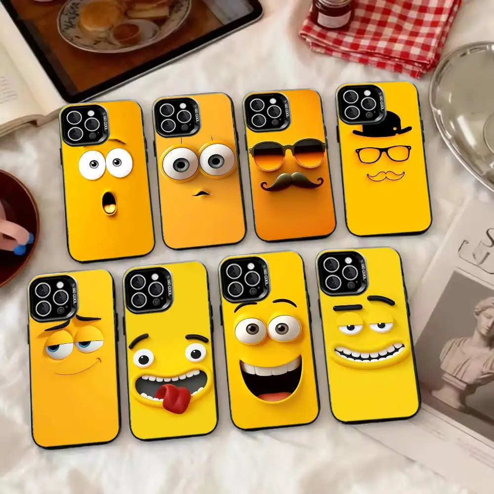 Divertida Funda para Teléfono con Cara de Emoji Amarilla para iPhone 17, 16, 15, 14, 13, 12, 11 Plus, Pro Max, XS, Funda Plateada Colorida
