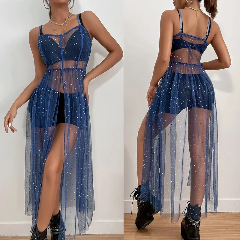 Women Shiny Sequined Cover Up Dress Casual Sleeveless Backless Sheer Mesh Loose Split Dress Summer Holiday ​Beach Smock