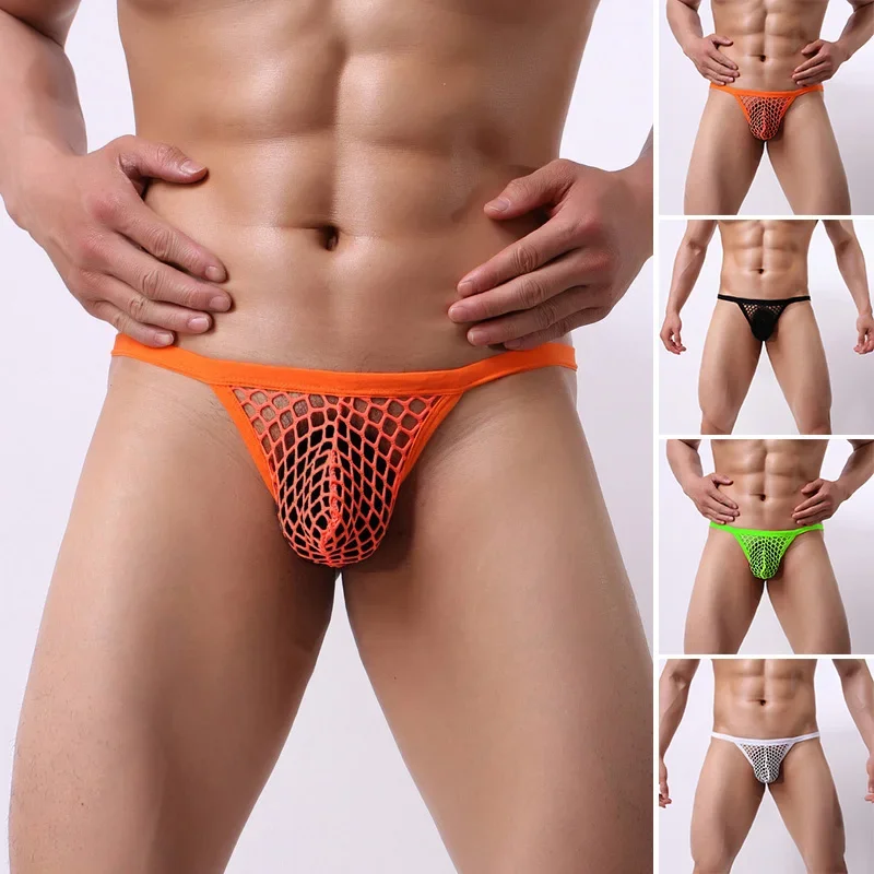 Men Briefs Sexy Low Rise Fishnet Breathable Underwear G-String T-Back Thongs Underpants See-Through Gays Lingerie Panties