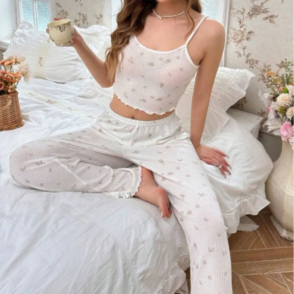 Women's Strap Vest Home Suit Two-Piece Set Summer Comfortable Milk Silk Long Pants round Neline No Brand Registered Trademark