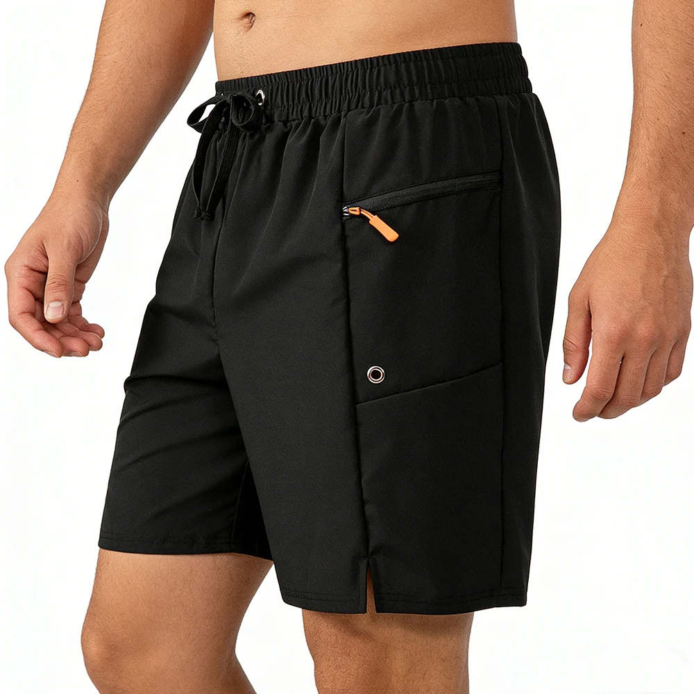 شورت رياضي كاجوال أسود صيفي للرجال، قماش سريع الجفاف، جيب جانبي بسحاب، متعدد الاستخدامات للجري واللياقة البدنية والمشي لمسافات طويلة