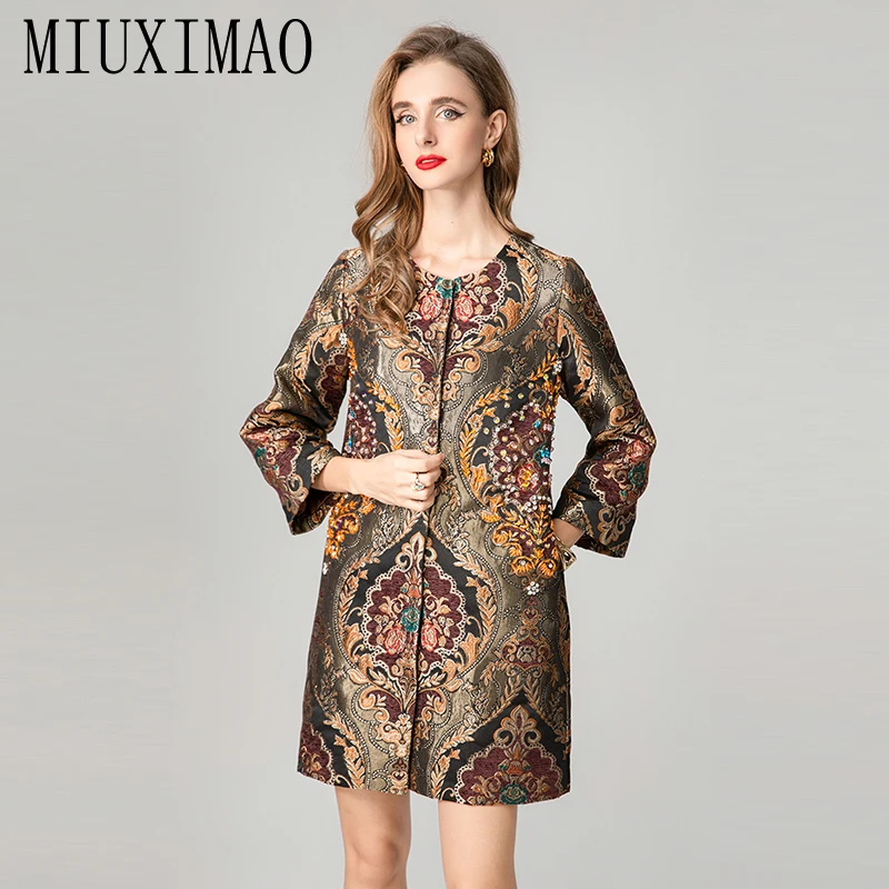 

MIUXIMAO 2025 Autumn&Winter Coat Vintage Jacquard Jacket Slim Diamonds Coat Single Breasted Flower Fashion Outerwear Women