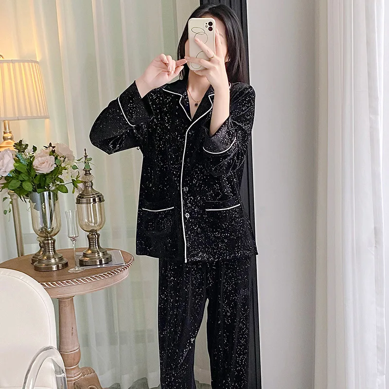 Zwart Fluwelen Lange Mouwen Broekpakken Herfst Winter Dames Pyjama Set Pyjama Pour Femme Velour Losse Casual Homewear Loungewear