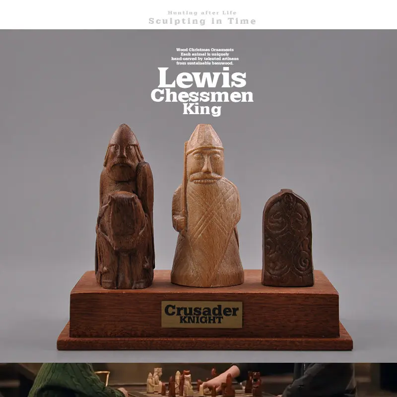 Lewis Chessmen King Wooden Statue, wood‑Carved Beech & Walnut Wood Viking Chess Desktop Decor Collectible Gift