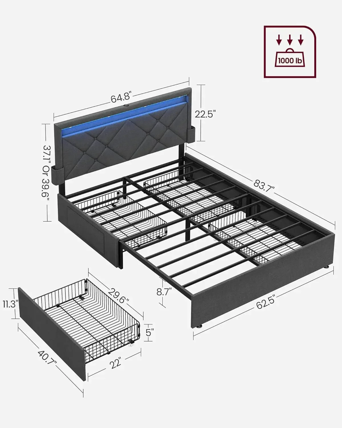 LED Bed Frame Queen Size with Headboard and 4 Drawers, 1 USB Port and 1 Type C Port, Adjustable Upholstered Headboard